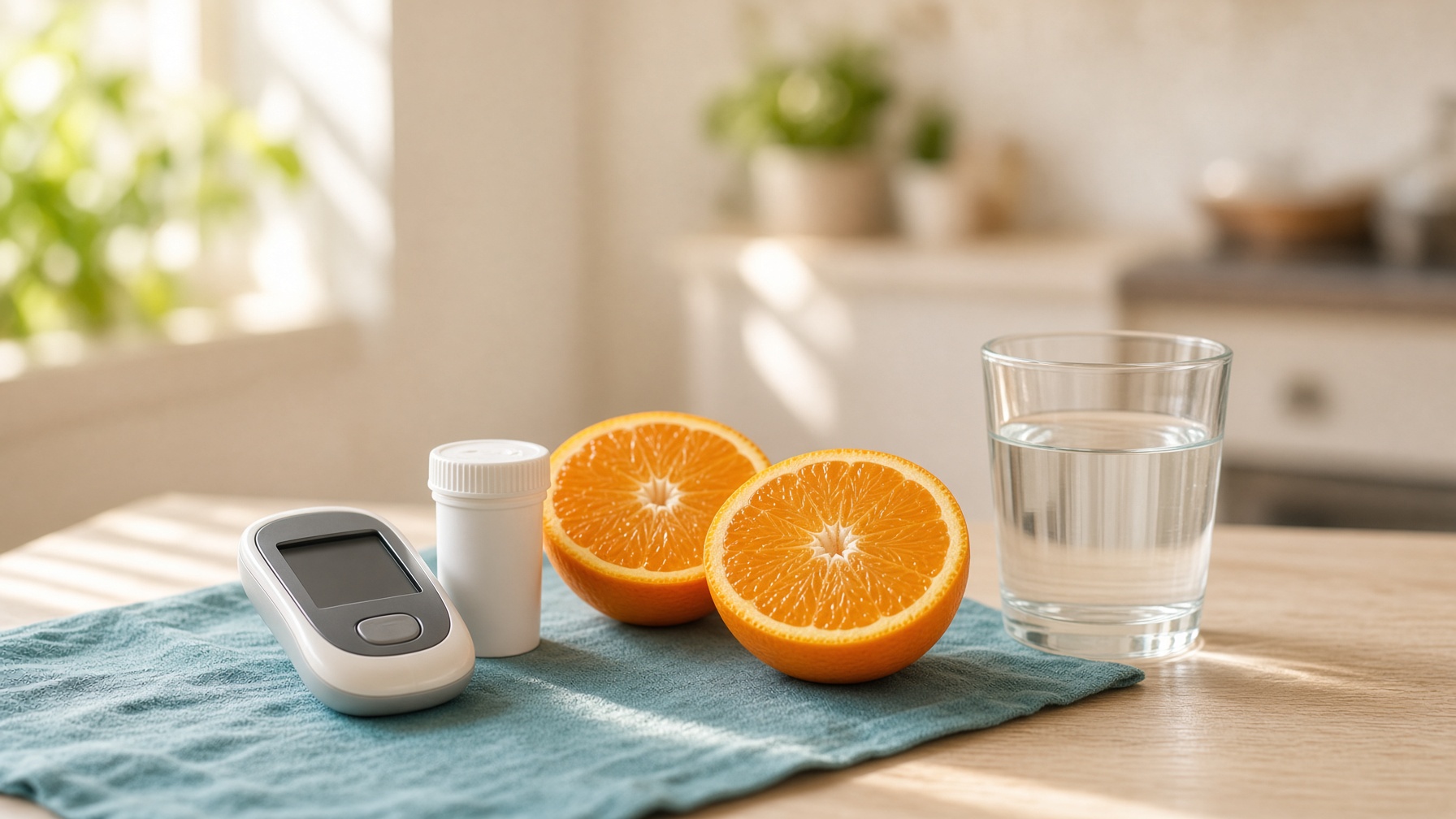 Glucose meter, orange, and water on a kitchen table