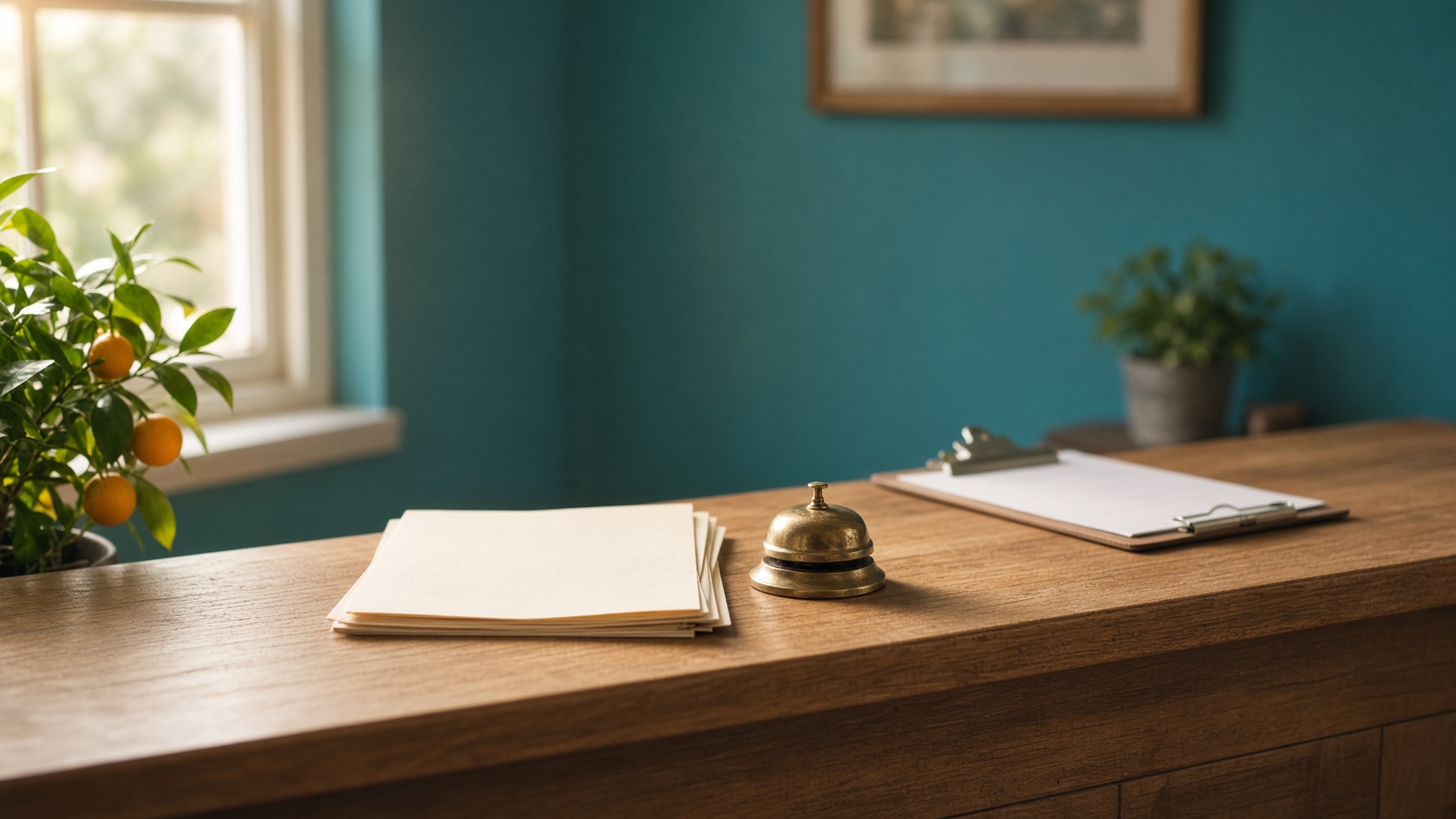 Front desk of a small Florida clinic in morning light