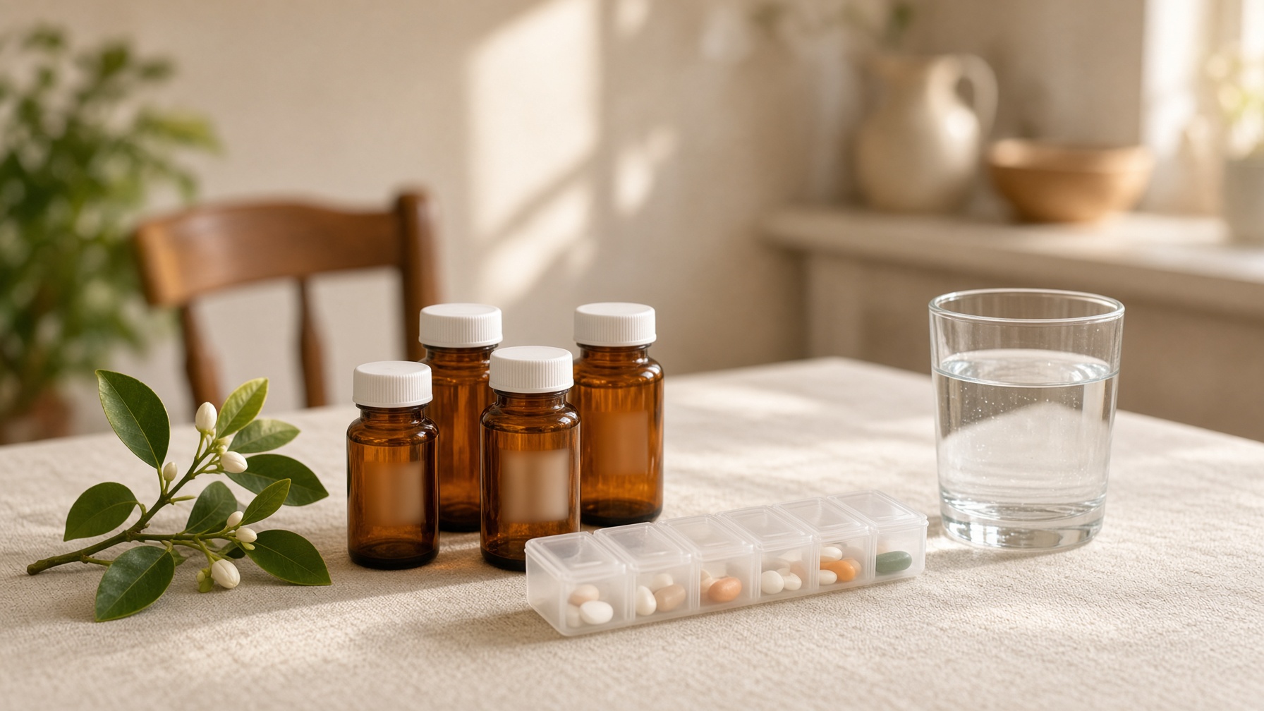 Prescription bottles and a weekly organizer on a kitchen table