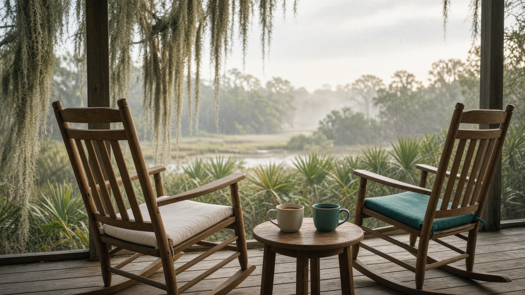 Two porch chairs in Gulf-coast morning light